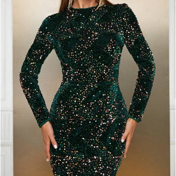 Luxe Sequin Holiday Formal Party Evening Wedding Prom Mermaid Maxi Dress Green - Picture 7 of 7